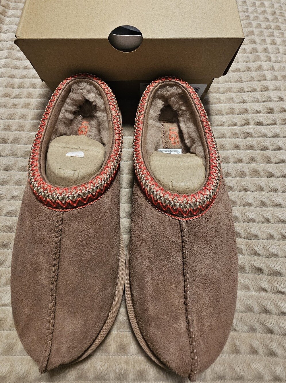 Women's UGG Brown Suede Lined Slip-On Slippers with Red Accent